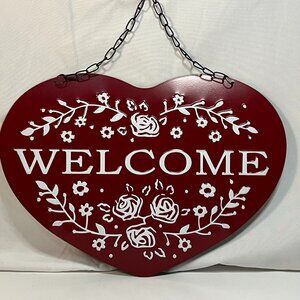 Heart Welcome Sign Embossed Metal Valentines Day Decor Hanger Red & White 9”x13”